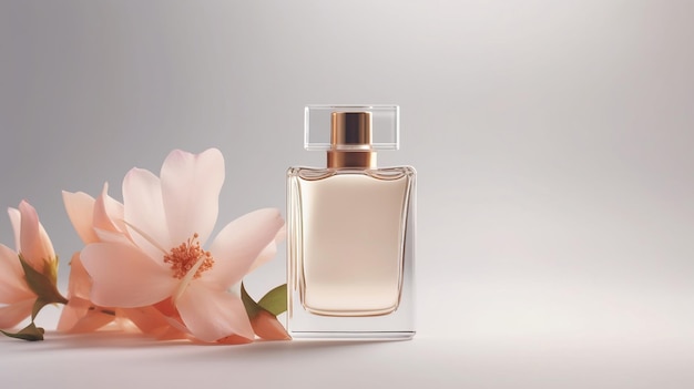 A bottle of perfume mock up with a flower on the side