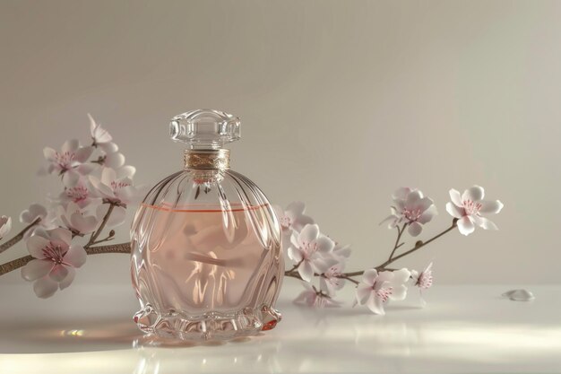 Bottle of perfume mockup on white background with fresh flowers decoration