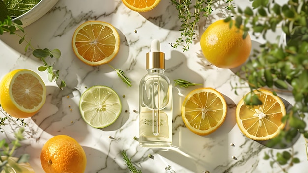 Photo a bottle of perfume next to oranges and a green leaf