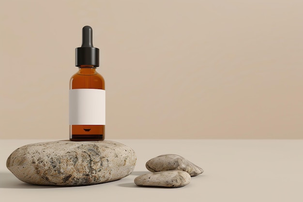 a bottle of perfume next to rocks with a white label