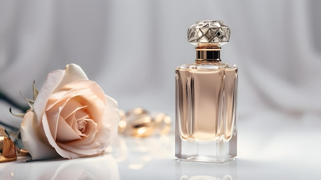 A bottle of perfume next to a rose