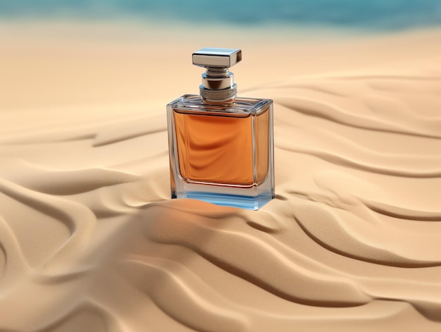 A bottle of perfume in the sand