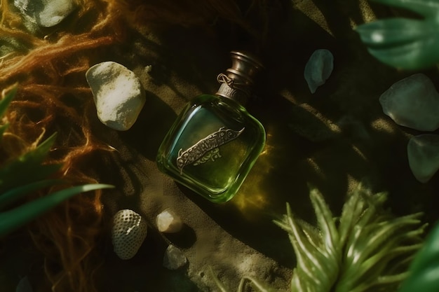 Bottle of perfume in the sea among the algae Neural network AI generated