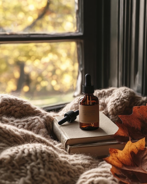 Photo a bottle of perfume sits on a blanket next to a book