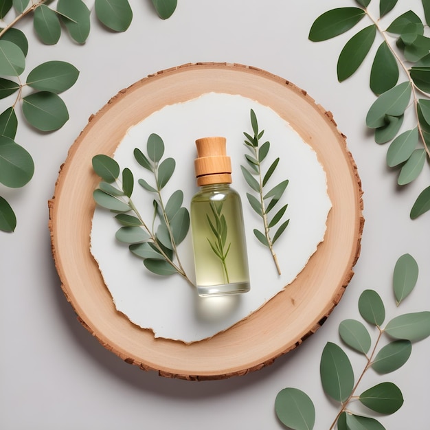 Photo a bottle of perfume sits in a circle with a leafy branch in the middle