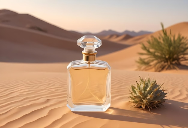 a bottle of perfume sits in the desert