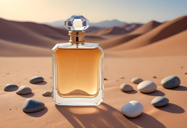 a bottle of perfume sits in the desert