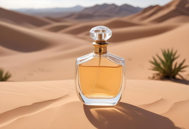 a bottle of perfume sits in the desert