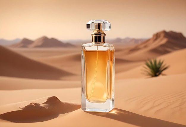 a bottle of perfume sits in the desert