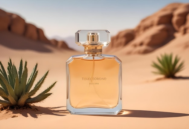 a bottle of perfume sits in the desert