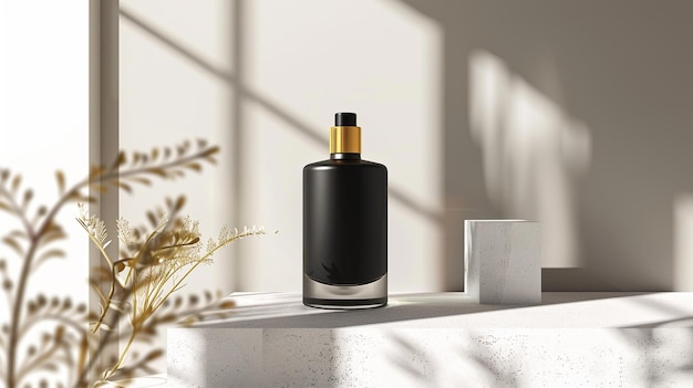 a bottle of perfume sits on a ledge with a white box in the background