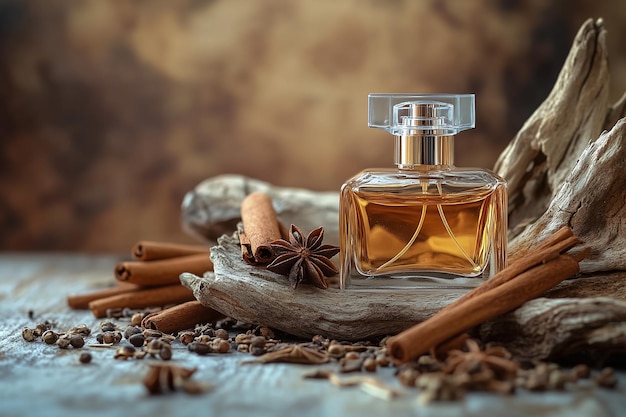 Photo a bottle of perfume sits on a log with cinnamon sticks