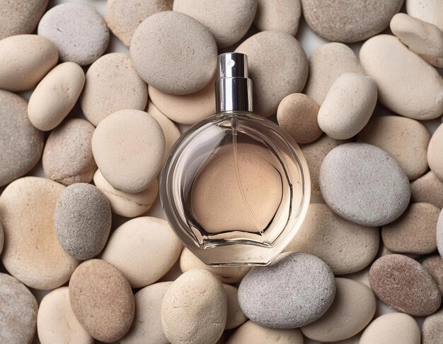 a bottle of perfume sits among many rocks