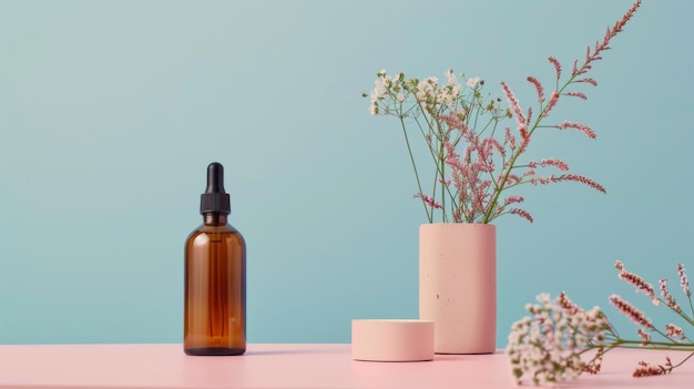 a bottle of perfume sits on a pink table