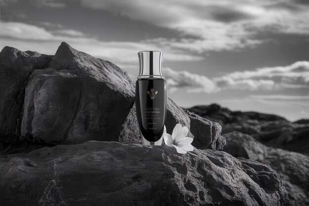 Photo a bottle of perfume sits on a rock with a flower in the foreground