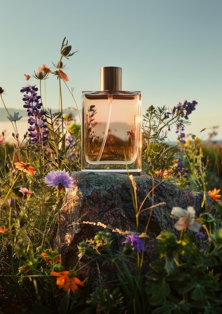 a bottle of perfume sits on a rock with flowers in the background