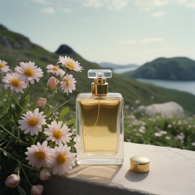 a bottle of perfume sits on a rock with flowers in the background