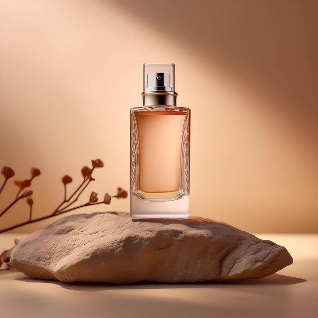 a bottle of perfume sits on a rock with a plant in the background