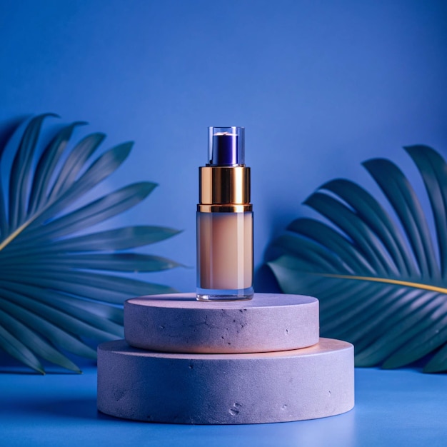 Photo a bottle of perfume sits on a round platform with a blue background