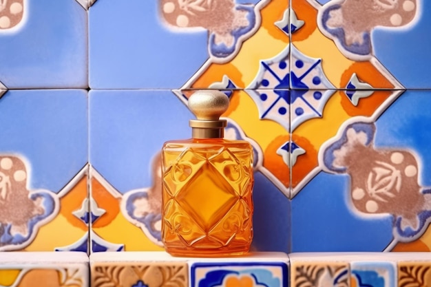 A bottle of perfume sits on a shelf next to a blue and orange tile.