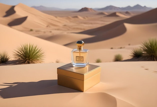 a bottle of perfume sits on a small box in the desert