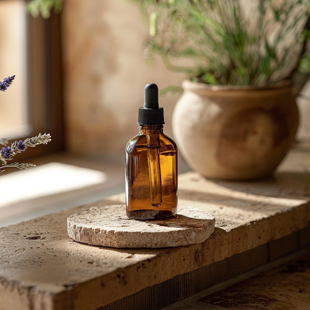 a bottle of perfume sits on a stone surface next to a potted plant