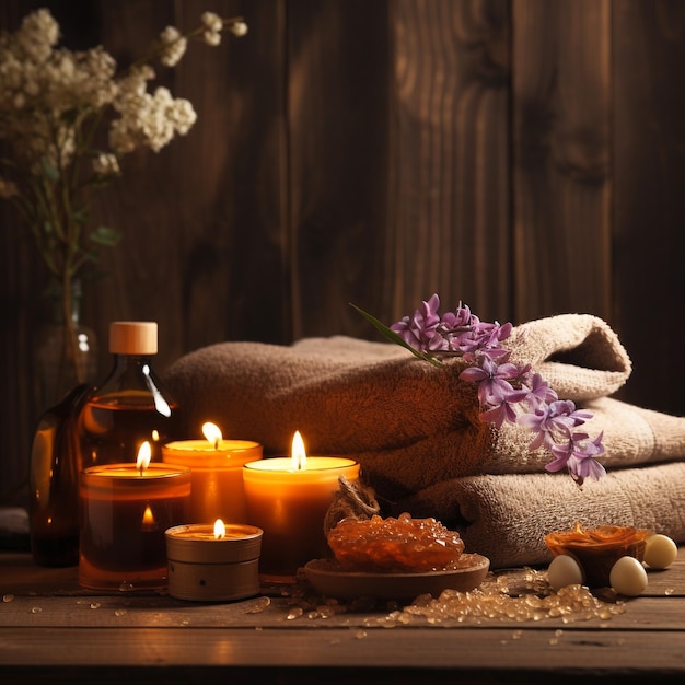 Photo a bottle of perfume sits on a table with candles and flowers