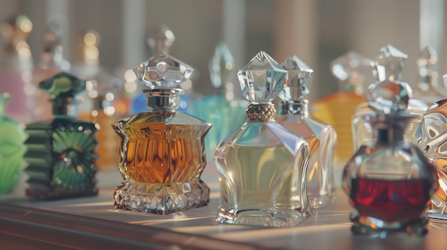 a bottle of perfume sits on a table with other perfumes