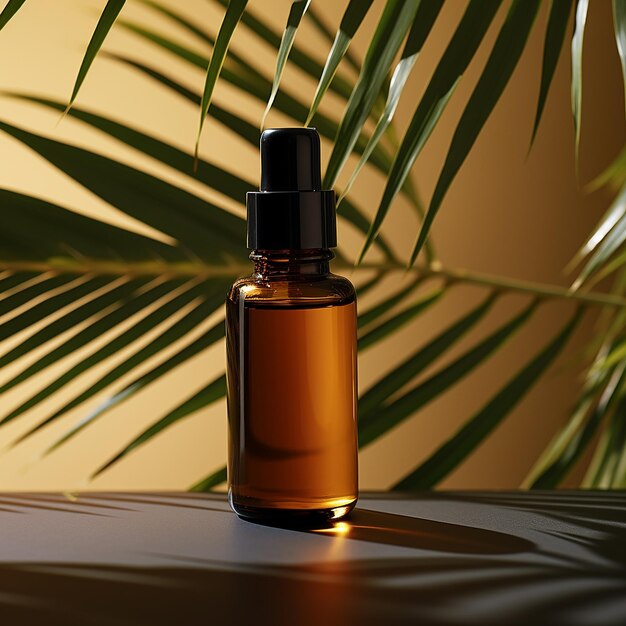 Photo a bottle of perfume sits on a table with a palm tree in the background