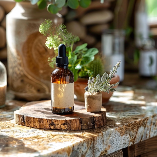 a bottle of perfume sits on a table with a plant in the background