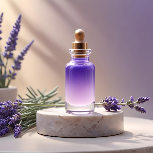 a bottle of perfume sits on a table with purple flowers