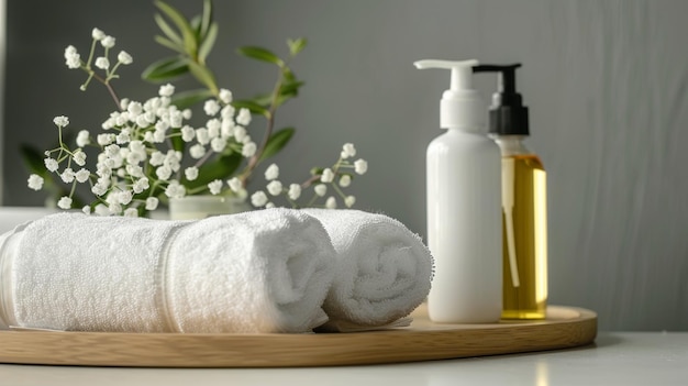 a bottle of perfume sits on a tray next to a bottle of shampoo