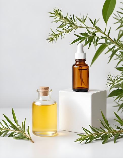 a bottle of perfume sits on a white box with a green plant in the background