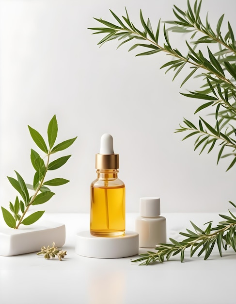 a bottle of perfume sits on a white table with a plant in the background