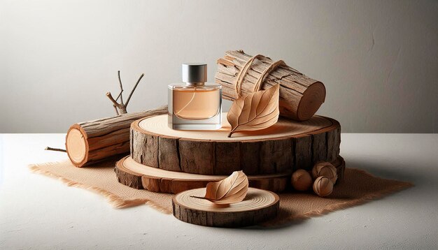 Photo a bottle of perfume sits on a wooden stump