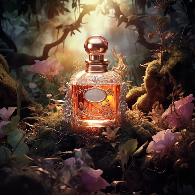 A bottle of perfume sitting on top of a pile of jungle