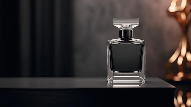 A bottle of perfume that is on a table