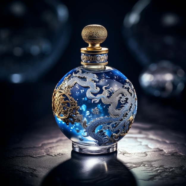 A bottle of perfume with a blue and gold design on the front.