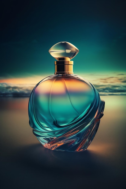 A bottle of perfume with a blue and orange background.