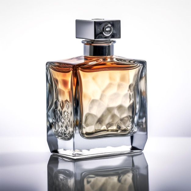 A bottle of perfume with a clear glass top and a white background.