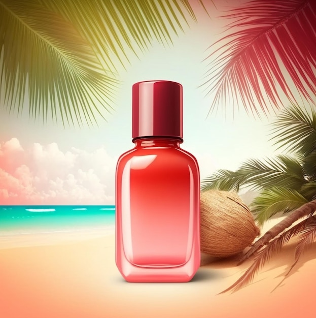 A bottle of perfume with a coconut on the beach.