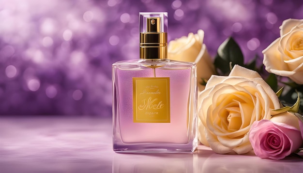 a bottle of perfume with a flower in the background