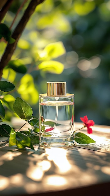 a bottle of perfume with a flower in the background