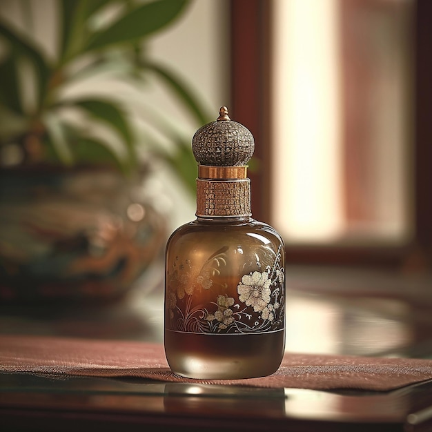 a bottle of perfume with a flower design on the top