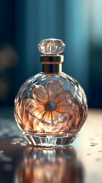 A bottle of perfume with a flower on the front