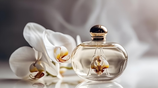 A bottle of perfume with a flower behind it