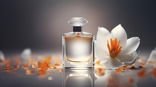 A bottle of perfume with a flower on the side