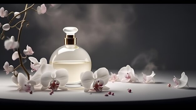 A bottle of perfume with a flower on the side