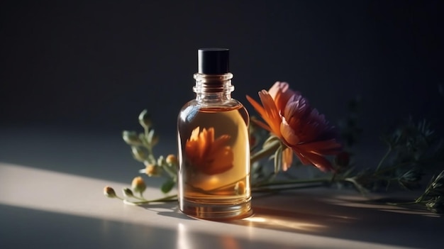 A bottle of perfume with a flower on the table