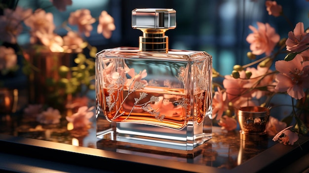 a bottle of perfume with flower on top of a table